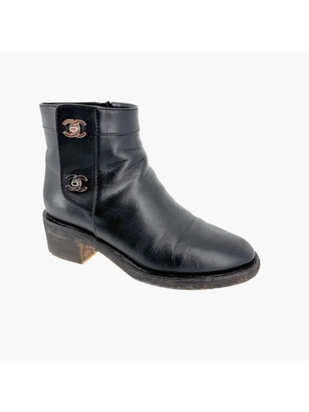 Chanel CC Turnlock Ankle Boot Size 36.5 US 5.5-6 Black Leather Moto Biker Bootie